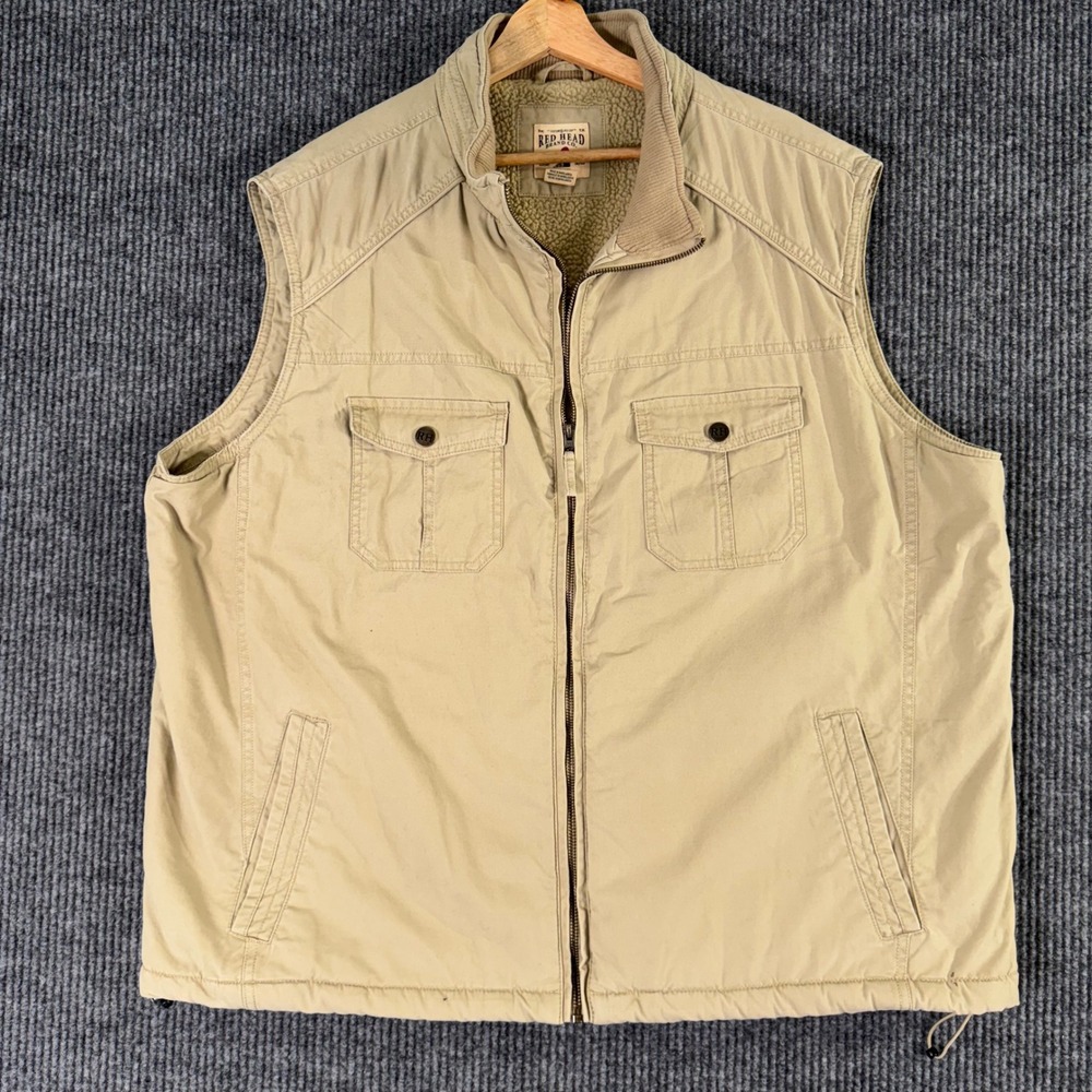 Red Head Men's 2XL Sherpa Lined Utility Vest Beige Full Zip Outdoor Workwear - Picture 2 of 9